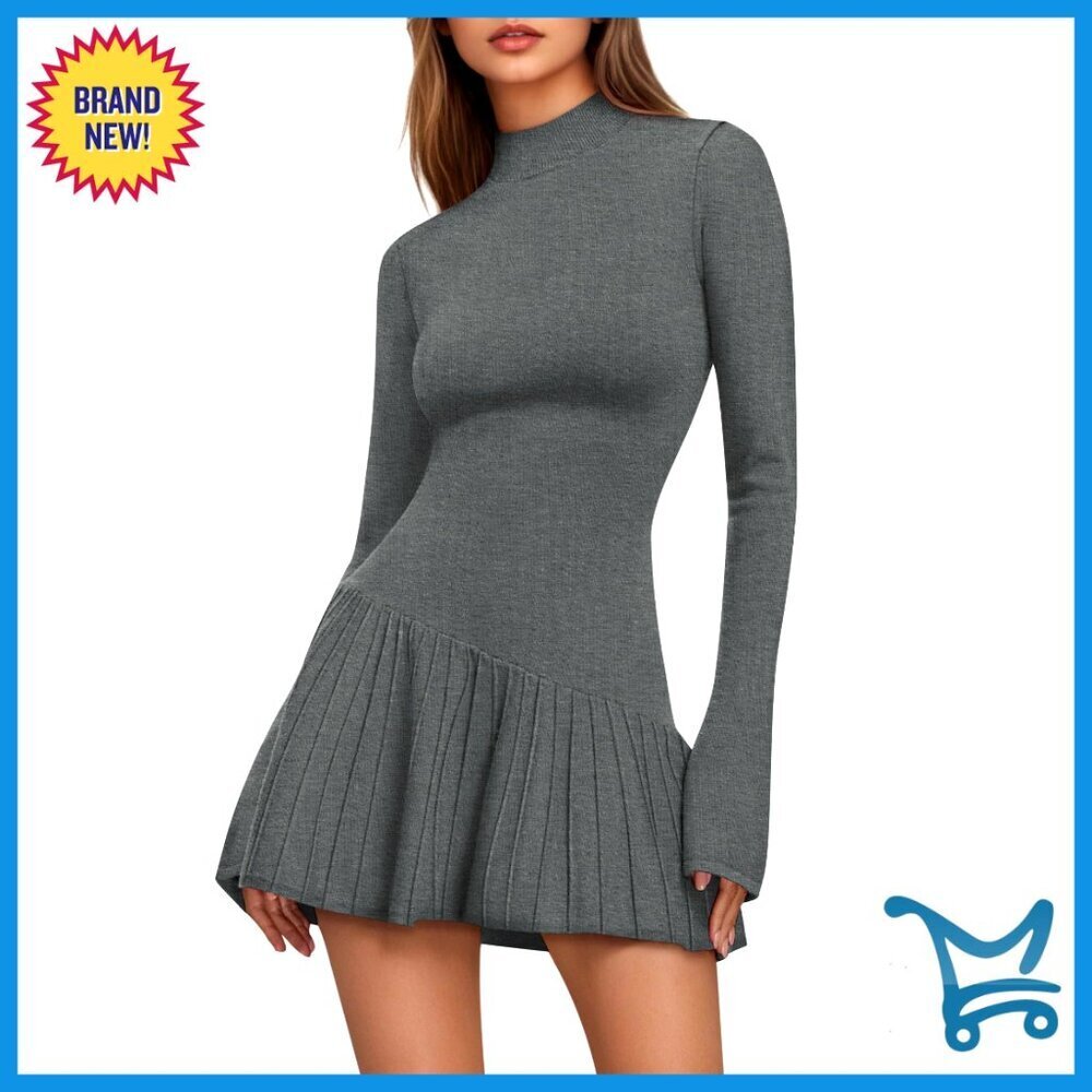 Sweater Dress Crochet Ribbed Knit Mock Neck Long Sleeve Mini Bodycon Chic